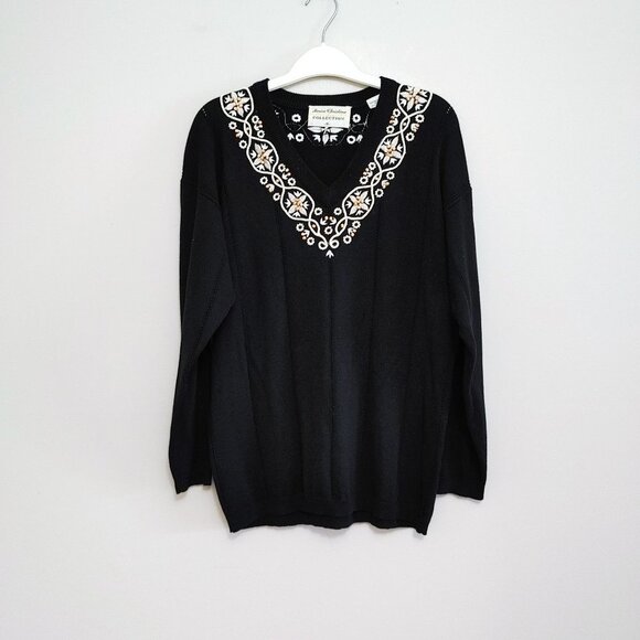 Marisa Christina Beaded V Neck Sweater Women's Size Small Black Acrylic Blend - Picture 1 of 5